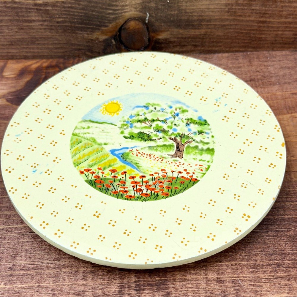 Vintage Ceramic Trivet Poppies Landscape Scene 6 Inch Round Made in Taiwan